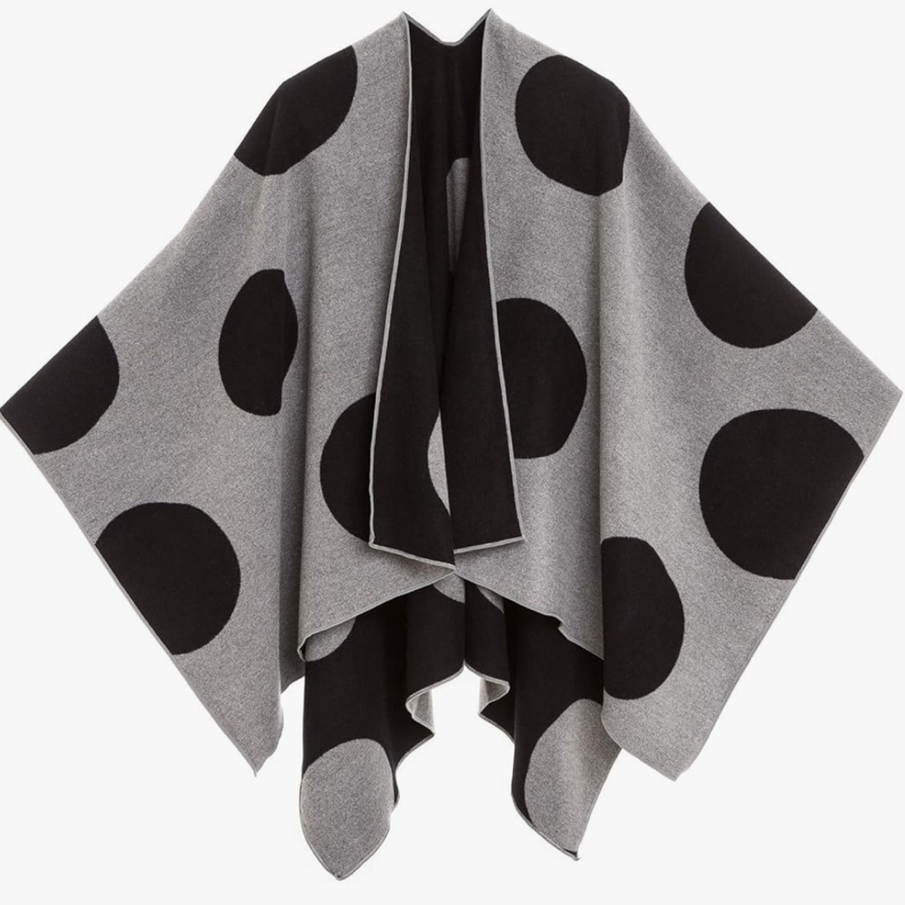 Melifluos Reversible Shawl Wrap Poncho Black & Gray Polka Dots OSFA No Flaws